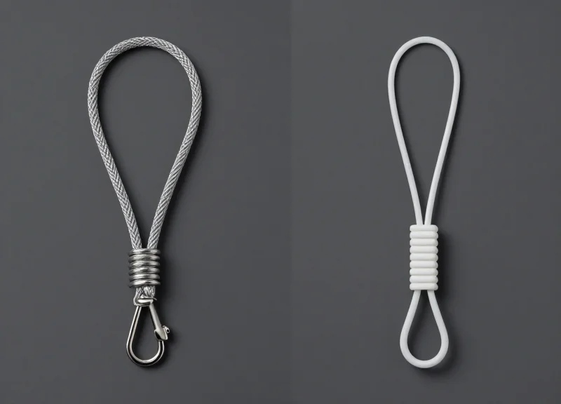 Side-by-side comparison of a braided stainless steel cable and a transparent plastic-coated wire for security lanyards.