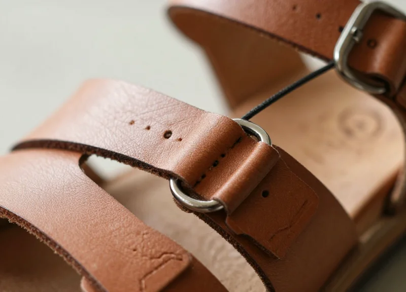 Detailed macro view of a security lanyard correctly looped around the heel strap of a luxury sandal.