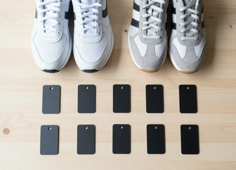 A top-down view of organized footwear and security tags representing accurate inventory management.