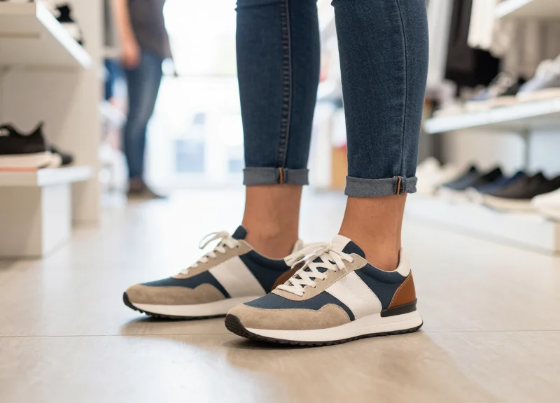 A close-up shot of a customer trying on shoes comfortably, highlighting a frictionless shopping experience.