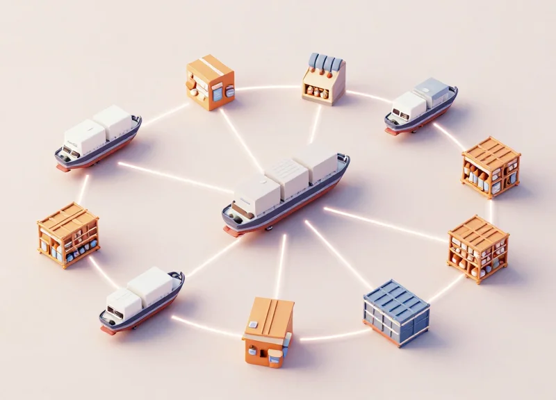 An isometric representation of a global supply chain network with floating icons and data connections.