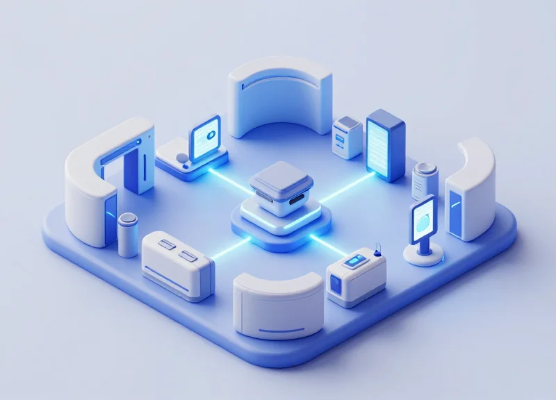 3D isometric model of a smart retail environment with interconnected security systems and inventory tracking.