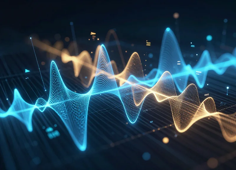 Abstract digital visualization of AM, RF, and RFID signals as glowing waves and connection nodes.
