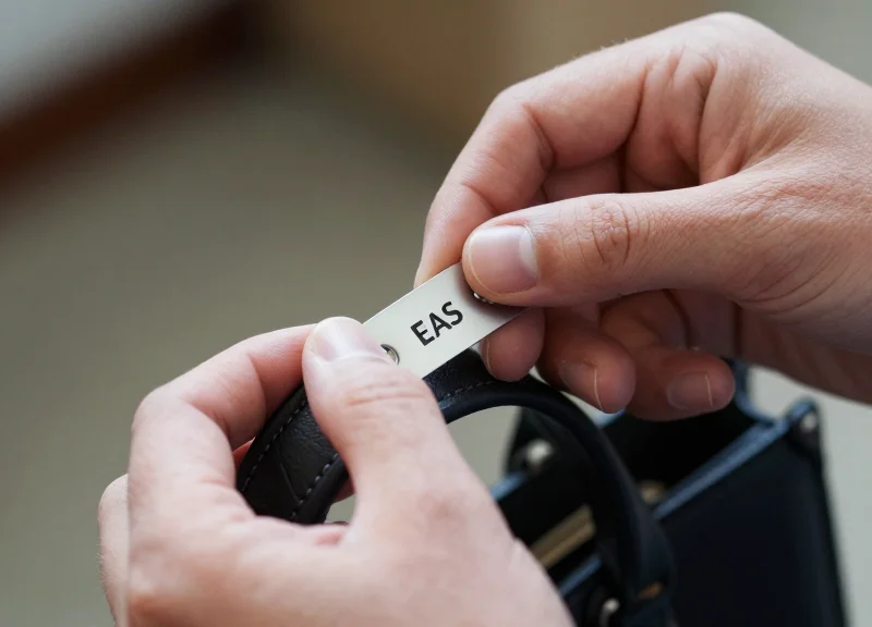 A retail associate's hands easily attaching a security lanyard to a designer bag without using tools.