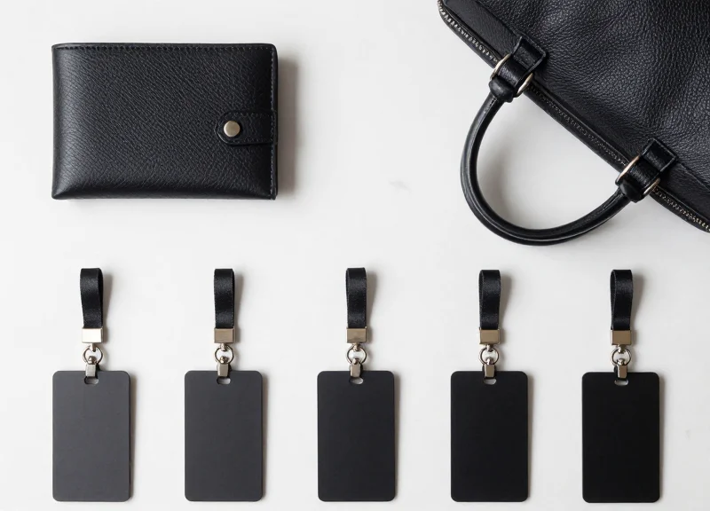 A curated collection of luxury leather goods paired with matching minimalist security hardware on a clean surface.