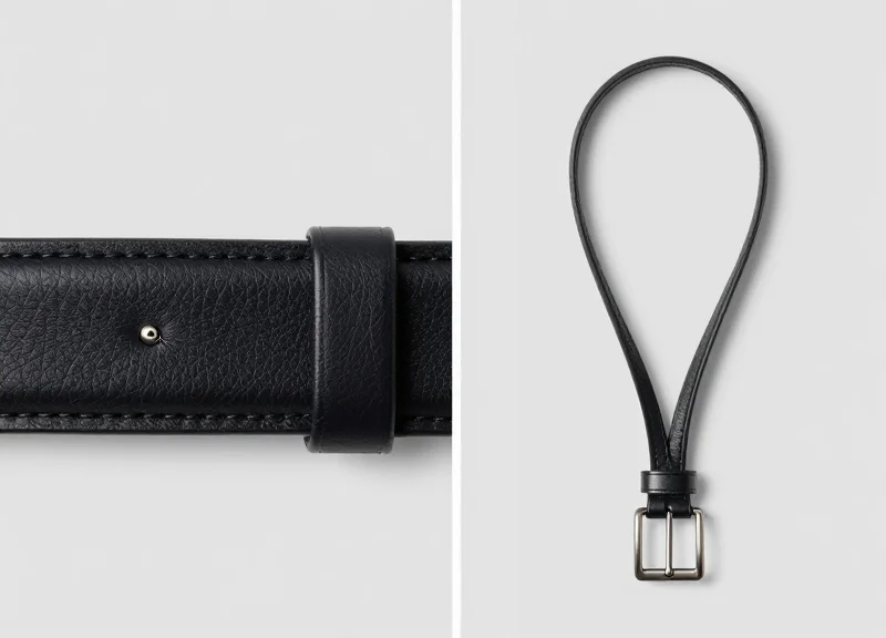 Side by side comparison of a damaged belt with a pin hole versus a belt protected by a smooth lanyard