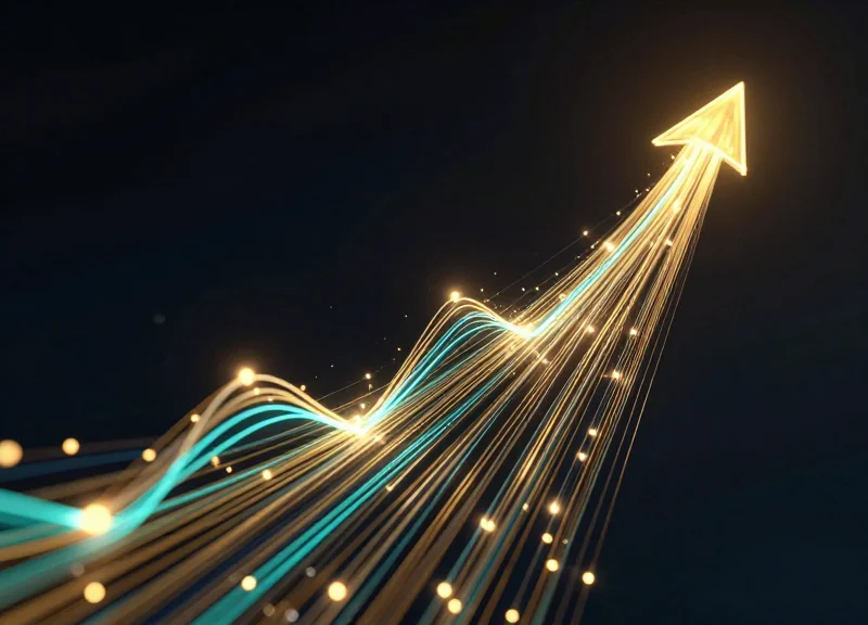 Abstract visualization of 40 percent growth and rising ROI using glowing data streams
