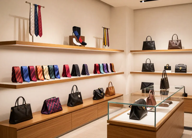 Luxury fashion boutique display featuring silk ties and designer handbags on elegant shelves.