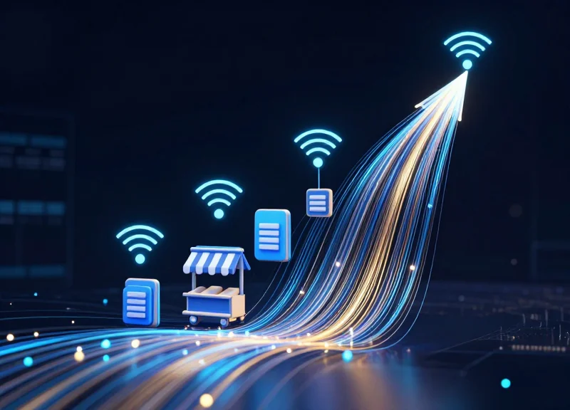 Abstract visualization of RFID data streams flowing from retail products.