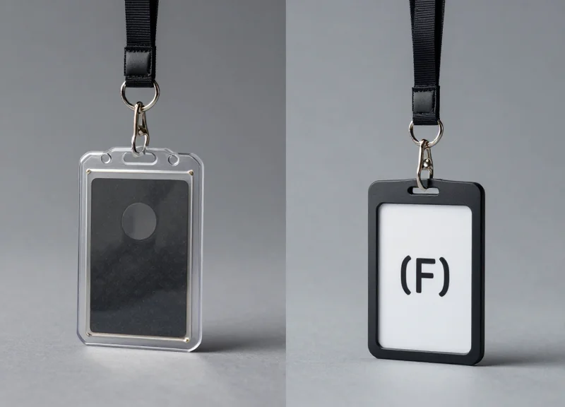 Comparison between a bulky traditional security tag and a modern sleek RFID lanyard.