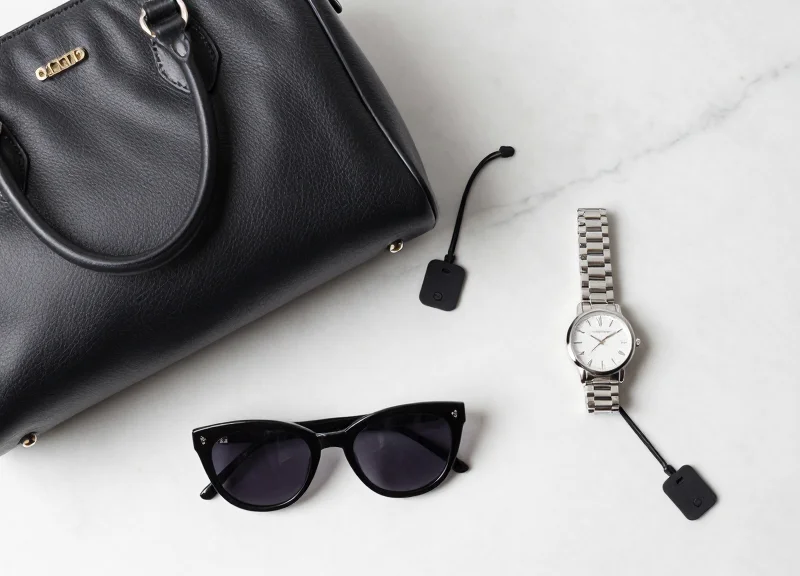 A collection of high-value luxury goods with security lanyards.