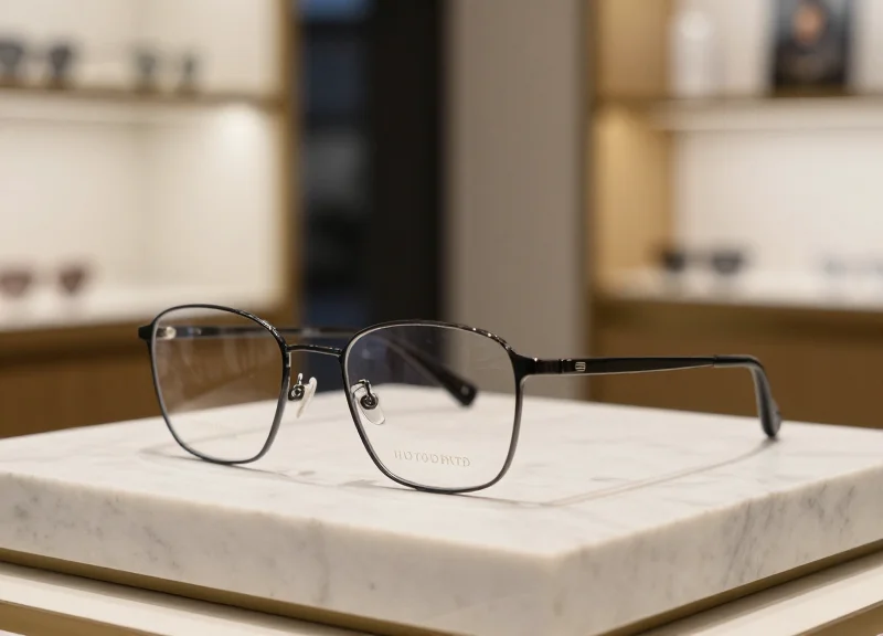 Luxury eyewear on display in a modern boutique with a discreet security tag on the frame.
