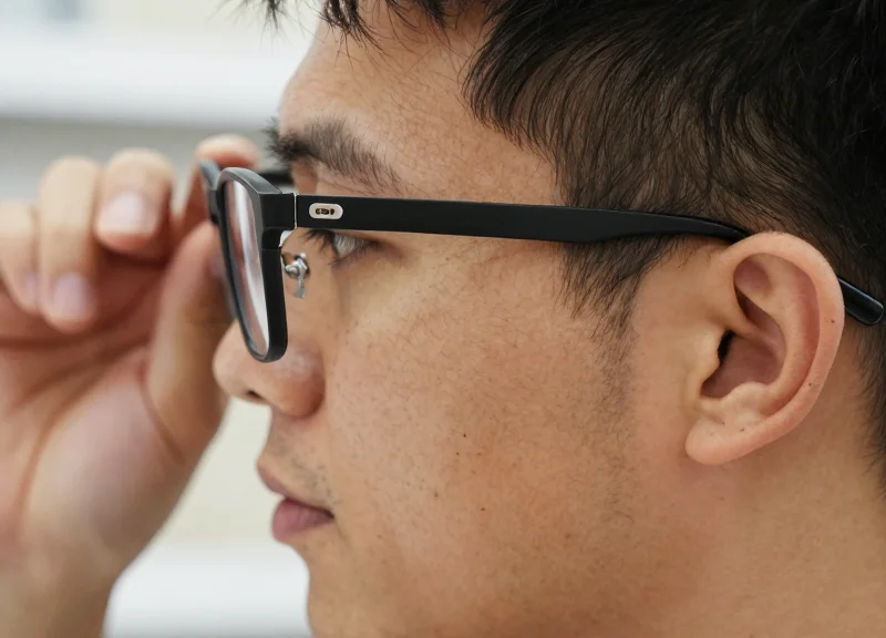 Close-up of a person trying on glasses with a thin security tag behind the ear.
