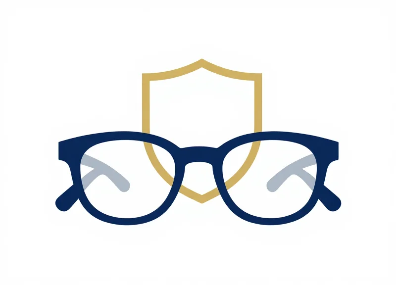 Flat vector illustration of a stylish eyeglass frame paired with a protection shield icon.