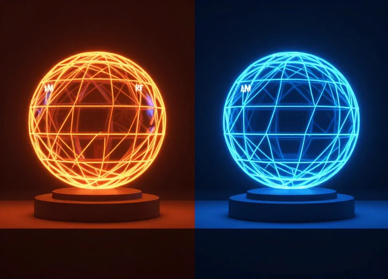 Side-by-side comparison of AM and RF signal waves in a studio setting.