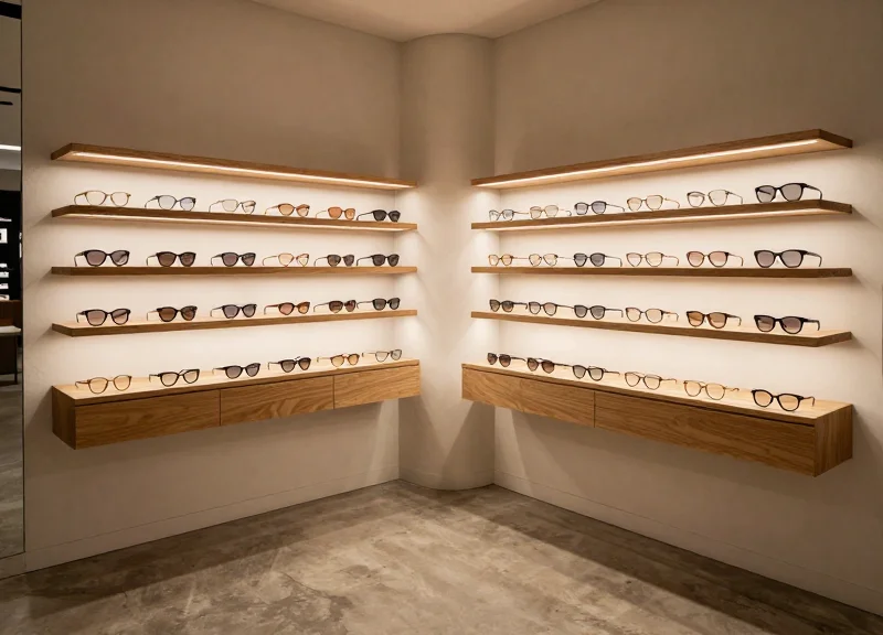 The interior of a luxurious independent optical boutique with high-end eyewear on display