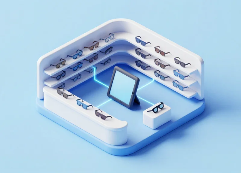 An isometric 3D model of an optical boutique showing inventory tracking with RFID tech
