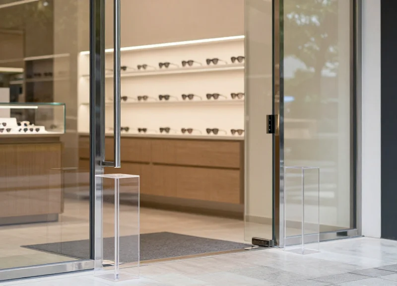 Sleek and discreet security pedestals at the entrance of a high-end eyewear store