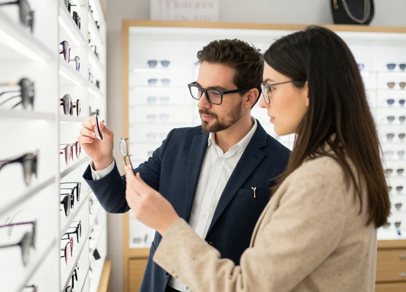 A staff member in an optical shop interacting with a customer in a friendly manner