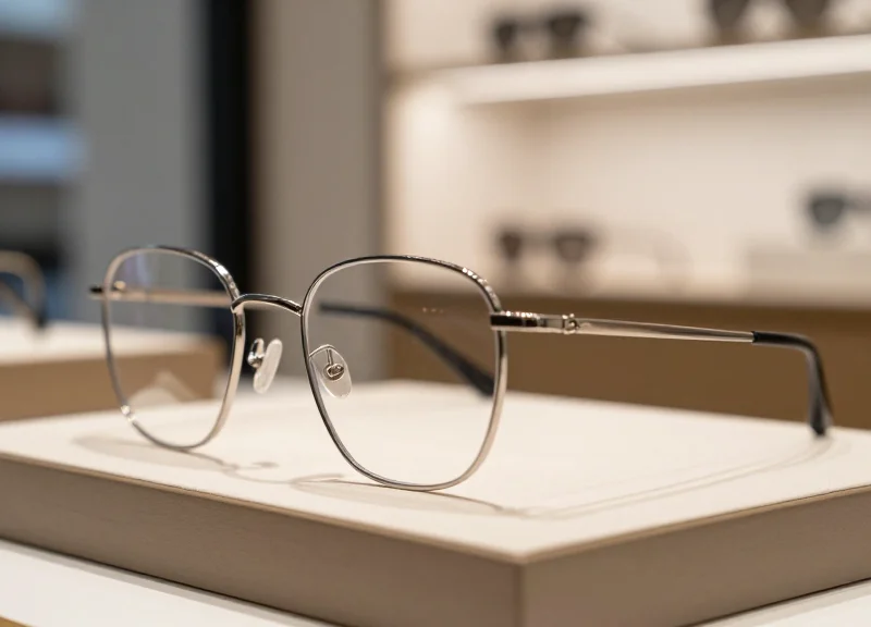 Close-up of premium designer glasses with ultra-slim metal temples on a display stand
