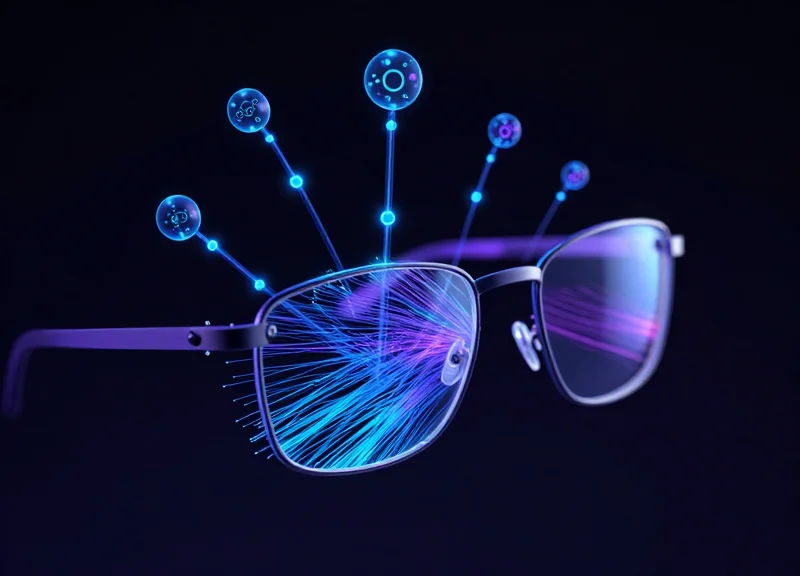 Abstract digital data streams and glowing connection nodes flowing from a pair of designer eyeglasses, representing RFID connectivity.