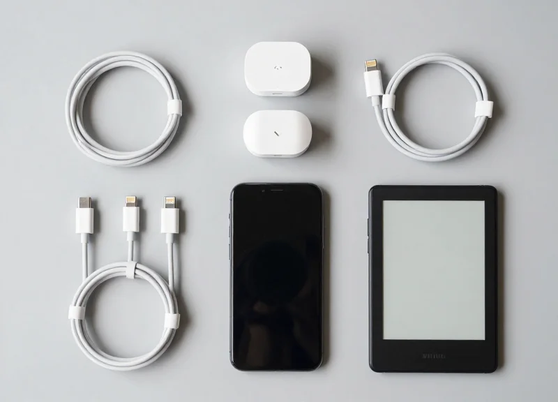 Organized arrangement of universal charging cables and security sensors for various devices.
