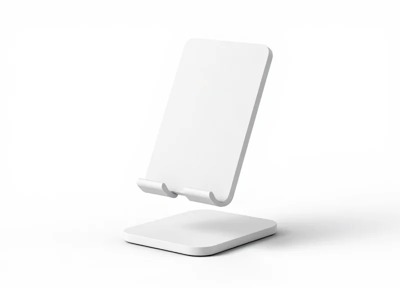 Minimalist white smartphone security stand designed for brand alignment.