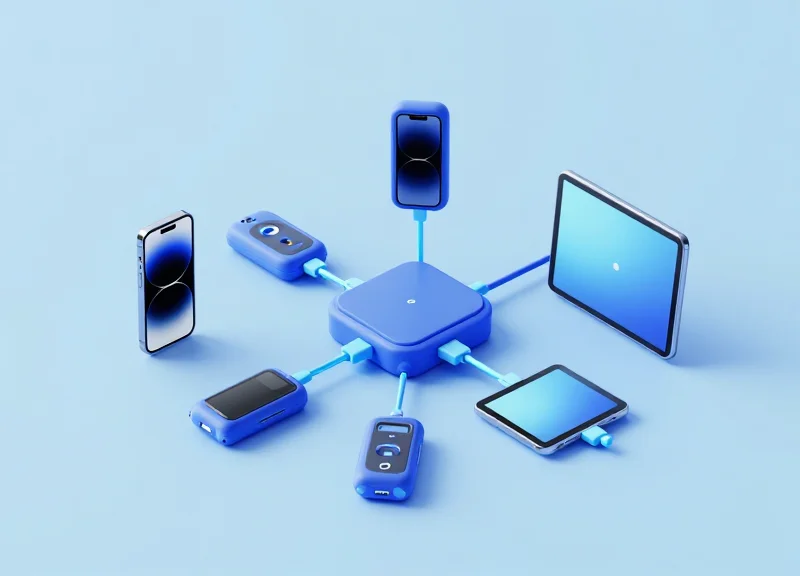 Isometric 3D model of a security charging dock connecting a tablet and smartphone to a central controller