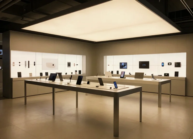 A modern, futuristic tech retail store with sleek glass displays and high-end electronics.