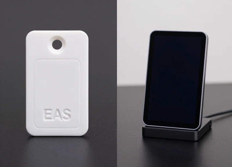 A visual comparison between a traditional plastic security tag and a modern smart stand.