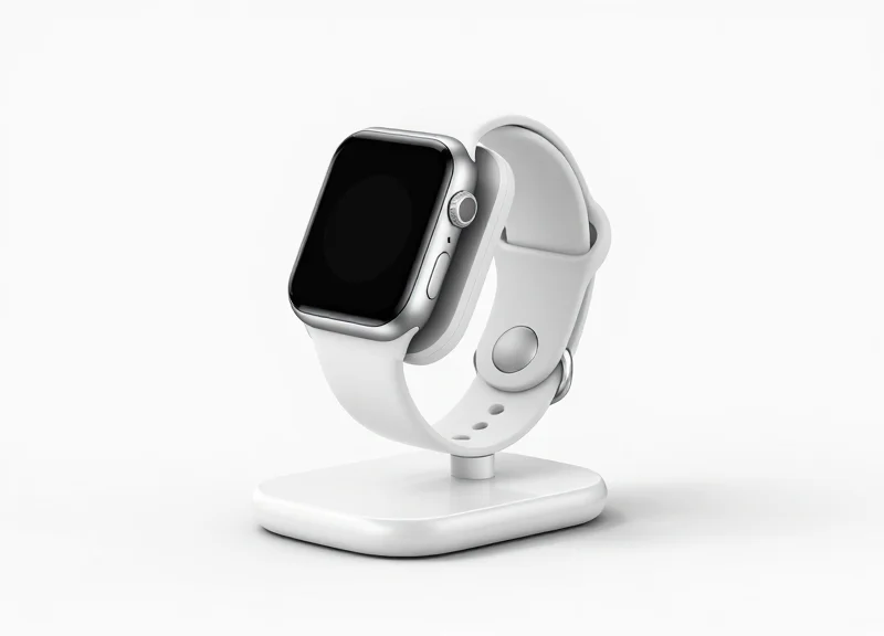 A minimalist smartwatch security stand with integrated magnetic charging cables on a white background.