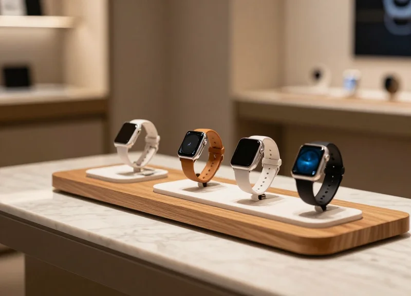 A stylish retail display shelf where security mounts are integrated into a luxury wood and marble counter.