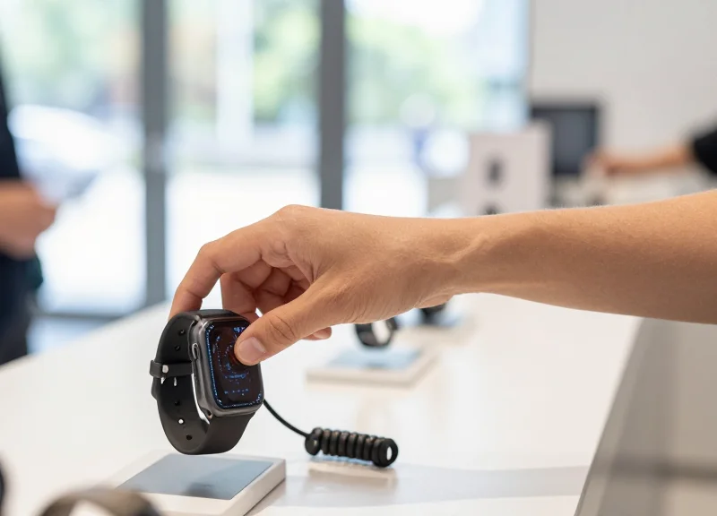 A customer's hand interacting with a smartwatch on a security cable in a bright retail setting.