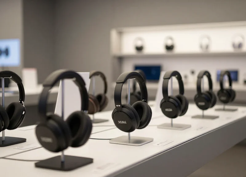 A luxurious retail electronics store with premium headphones on display under soft ambient lighting.