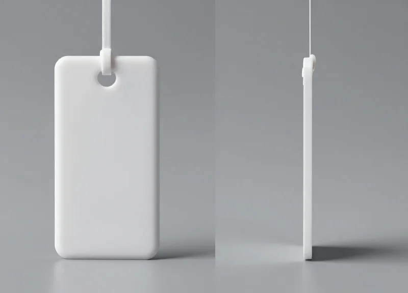 Comparison between a traditional bulky EAS tag and a slim security sensor cable.