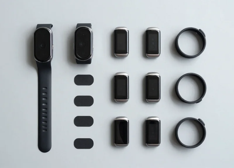 Neatly arranged installation kit including micro-sensors, adhesive pads, and fitness trackers.