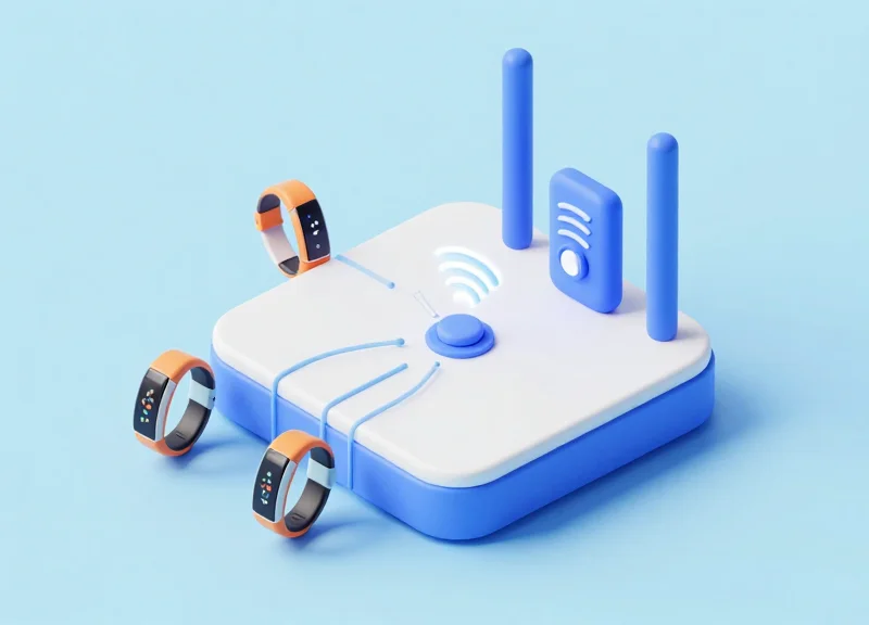 3D model of fitness trackers connecting to a central security RFID ecosystem.