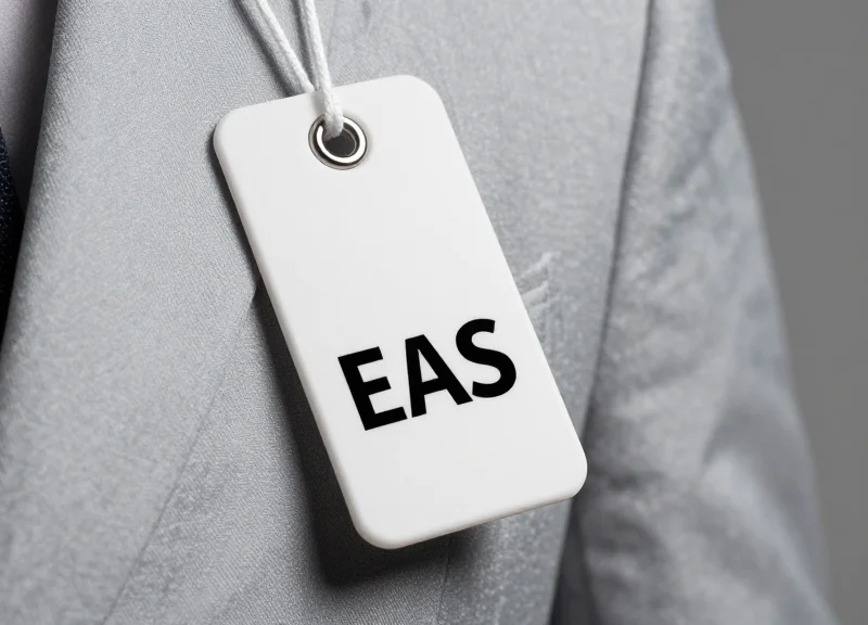A close-up shot of a classic EAS security tag on a high-quality fabric garment