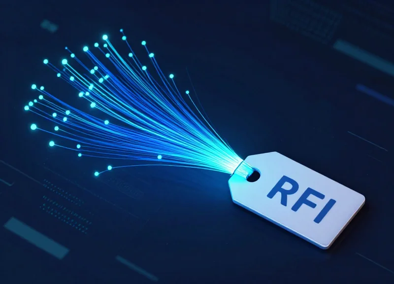 Abstract visualization of RFID signals and data flow in a retail environment