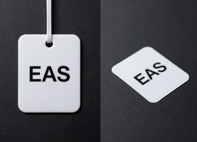 Side-by-side comparison of a traditional EAS tag and a modern RFID smart label