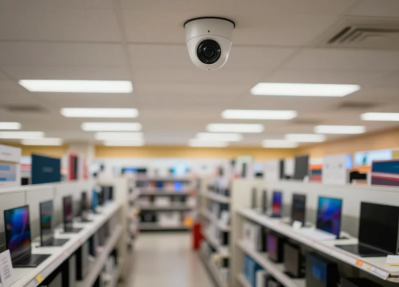 Security camera view of a retail electronics aisle focusing on high-value products in a supermarket environment.