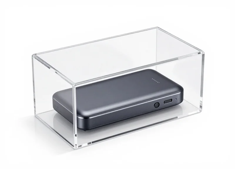 Transparent acrylic anti-theft safer box with a power bank inside on a clean white background.