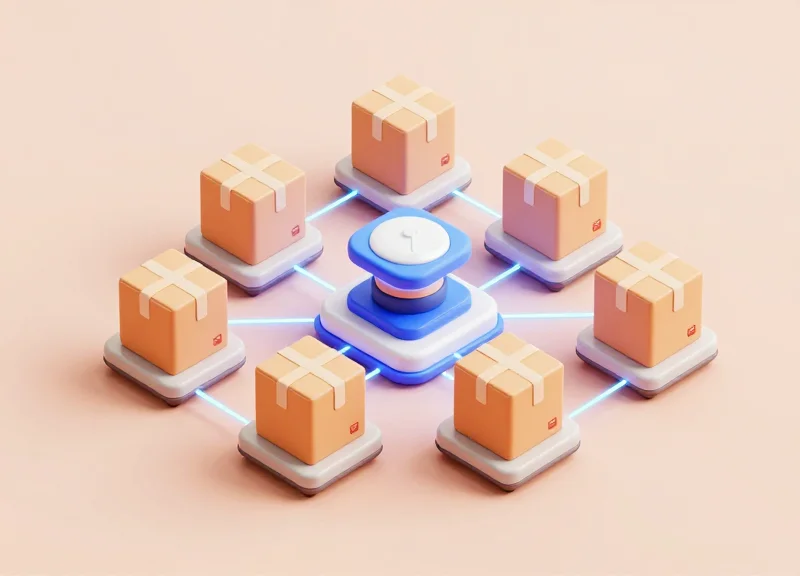 Isometric 3D illustration of an integrated retail security system showing connections between product boxes and sensors.