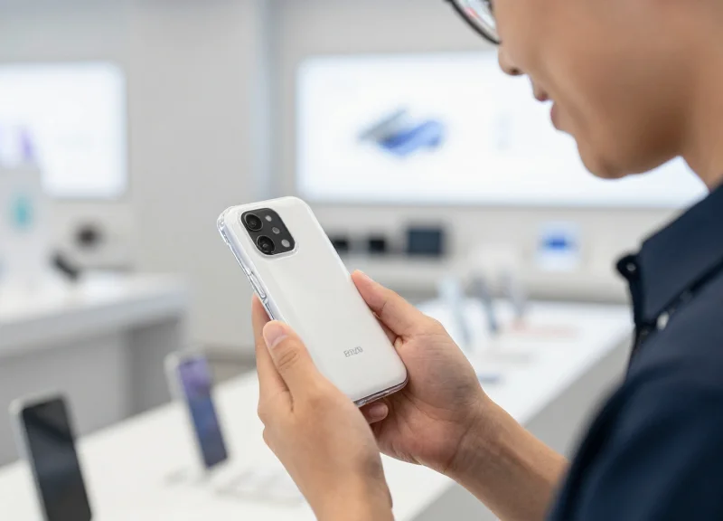 A customer looking at a consumer electronics product in a retail store with clear display packaging.