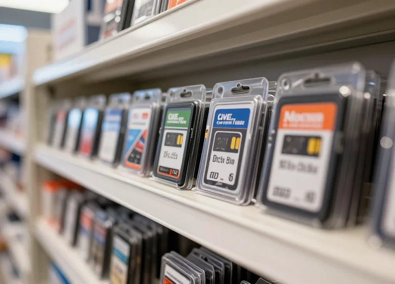 Close-up of small electronics security cases on a retail shelf in a modern store environment.
