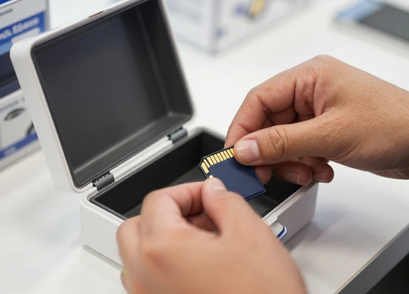 A retail worker's hands placing a small electronic item into a security box.