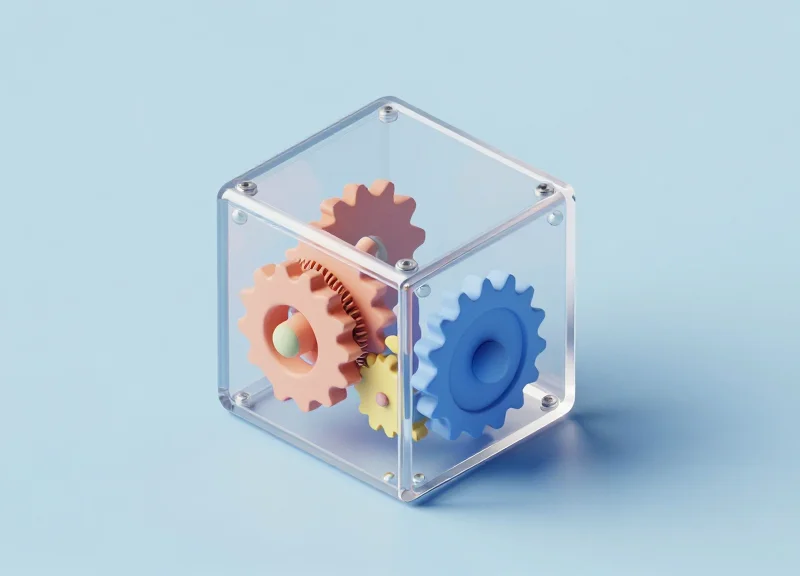Isometric view of a complex security locking mechanism with transparent and mechanical parts.