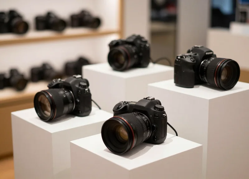 High-end optical equipment display in a professional showroom with secure mounting systems.