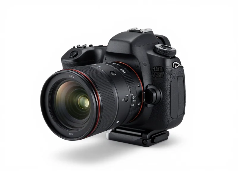 A professional DSLR camera mounted on a sleek, matte black anti-theft security stand.