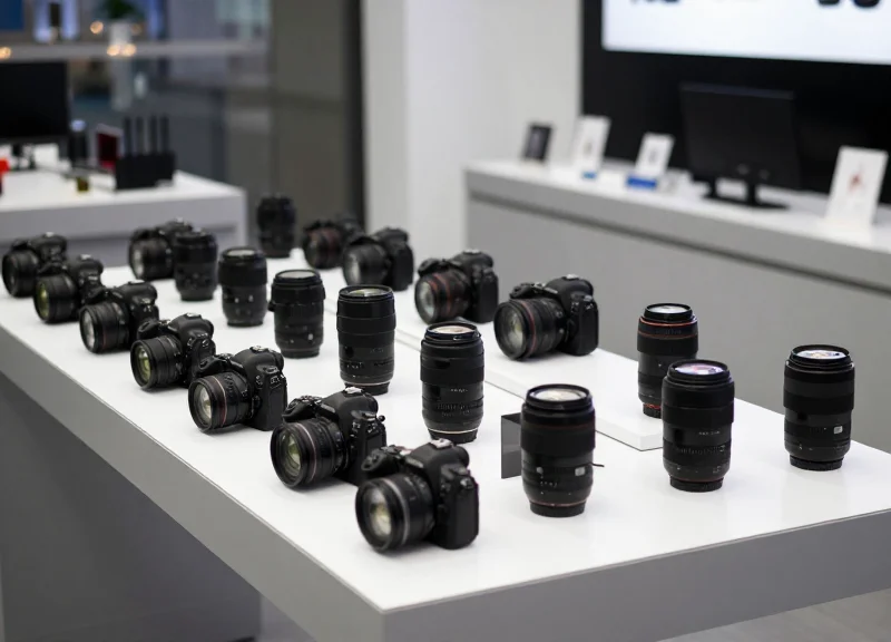 A high-end retail camera display with multiple DSLR cameras on open stands, showcasing a vulnerable open display environment.